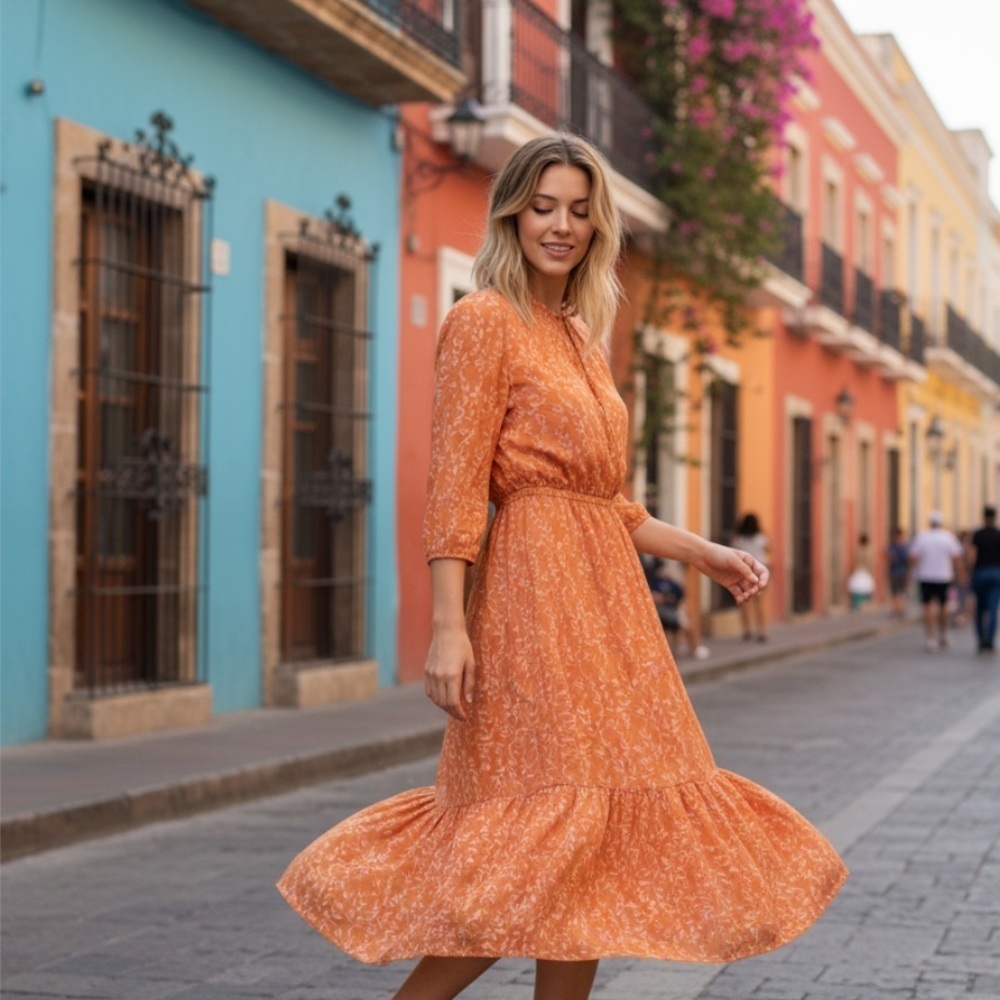 A new day orange printed midi dress m